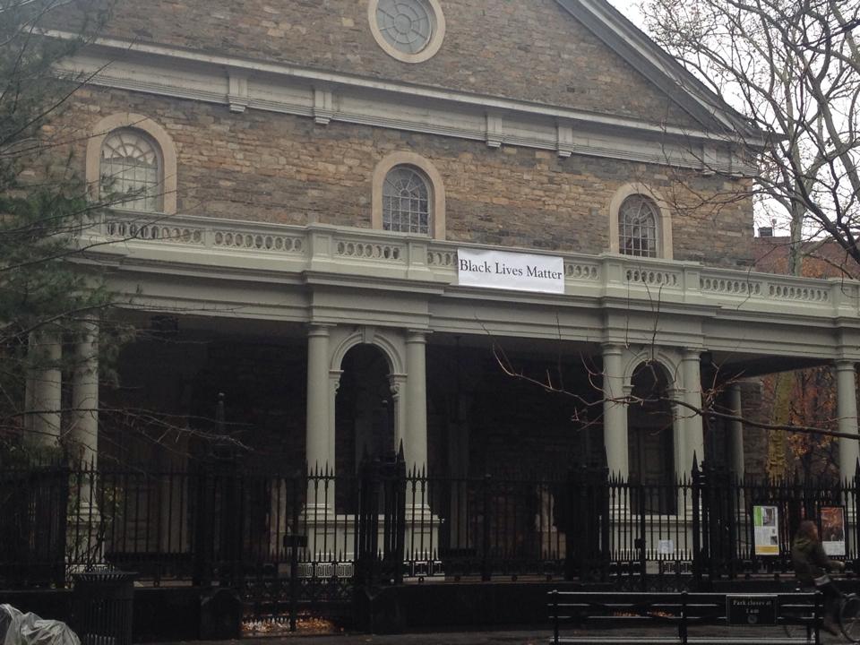 black lives matter banner hanging from St Mark's in the Bowery, NYC