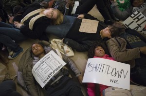 Student protesters laying on the ground as part of a die-in at Grand Central Station
