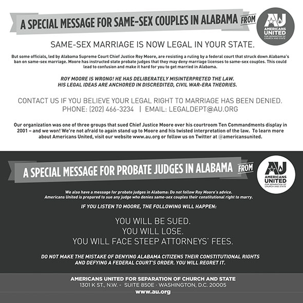 Ad by Americans United advising Alabama judges to not block same-sex marriage