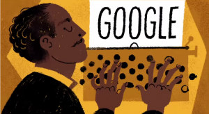 illustration of Langston Hughes typing, with the word 'google' coming out of a typewriter, created by Google to commemorate his 150th birthday