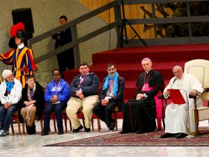 Pope Francis leads a Jubilee audience with socially excluded people in Paul VI hall at the Vatican on Nov. 11, 2016. Photo courtesy of REUTERS/Tony Gentile