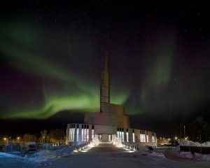 The Northern Lights Cathedral with the Aurora Borealis.